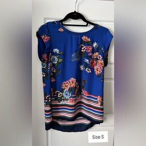 Floral Blue Blouse with Striped Hem